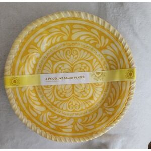 NEW‎ Set of 4 Melamine Salad Plates Yellow Medallion Outdoor Picnic Plates